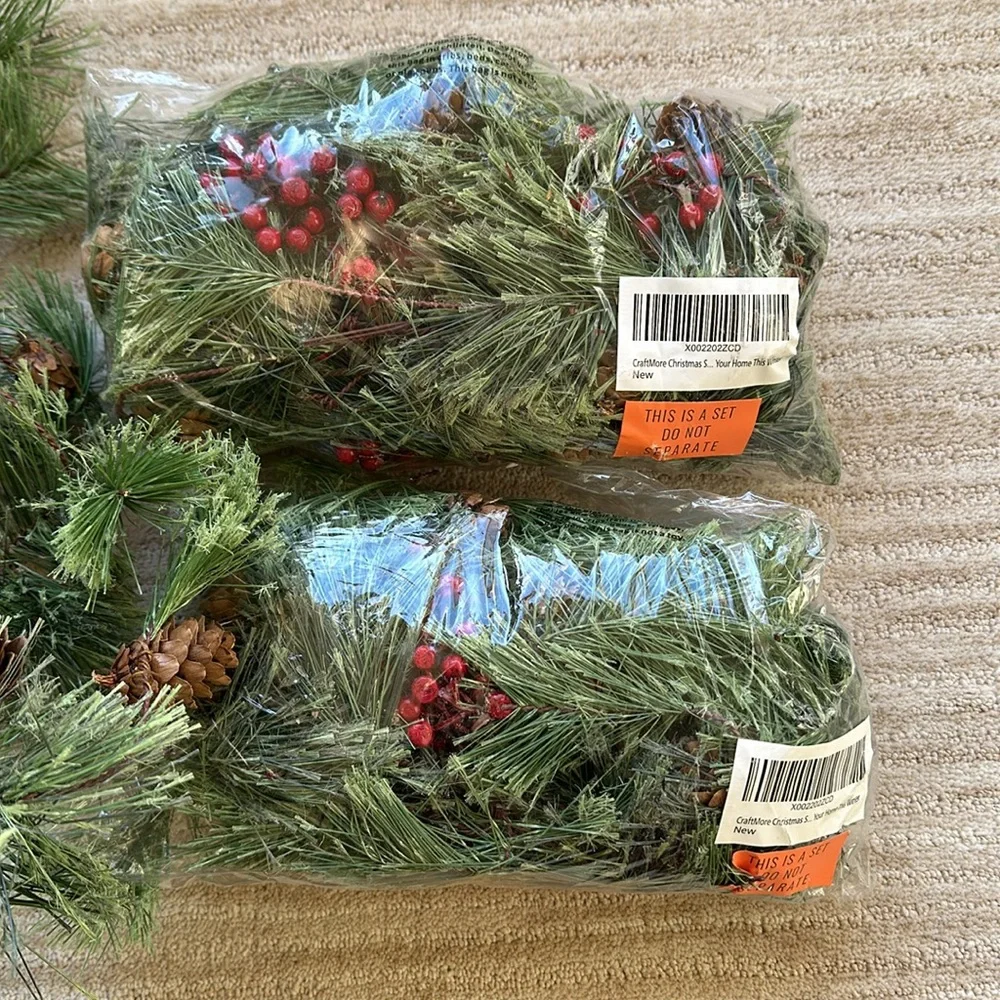 Set of 3 CraftMore Christmas Smokey Pine and Red Berry Garland 6 Feet Strands